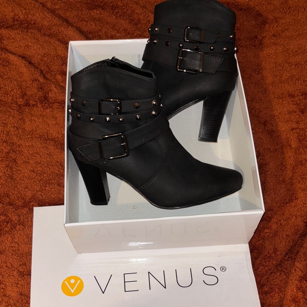VENUS Black Heeled Boots with Studded Spiked Buckle Detail